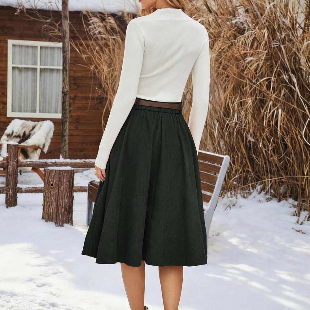 belle poque Corduroy Skirt with Belt Elastic High Waist Mid-Calf Swing Skirt