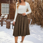 belle poque Corduroy Skirt with Belt Elastic High Waist Mid-Calf Swing Skirt
