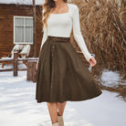 belle poque Corduroy Skirt with Belt Elastic High Waist Mid-Calf Swing Skirt
