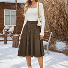 belle poque Corduroy Skirt with Belt Elastic High Waist Mid-Calf Swing Skirt