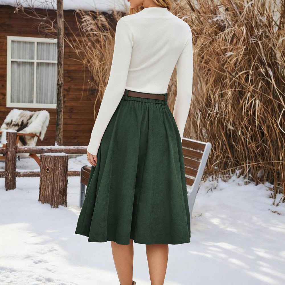 belle poque Corduroy Skirt with Belt Elastic High Waist Mid-Calf Swing Skirt