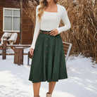 belle poque Corduroy Skirt with Belt Elastic High Waist Mid-Calf Swing Skirt