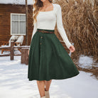 belle poque Corduroy Skirt with Belt Elastic High Waist Mid-Calf Swing Skirt