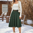 belle poque Corduroy Skirt with Belt Elastic High Waist Mid-Calf Swing Skirt