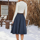 belle poque Corduroy Skirt with Belt Elastic High Waist Mid-Calf Swing Skirt