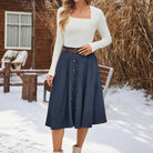 belle poque Corduroy Skirt with Belt Elastic High Waist Mid-Calf Swing Skirt