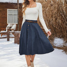 belle poque Corduroy Skirt with Belt Elastic High Waist Mid-Calf Swing Skirt