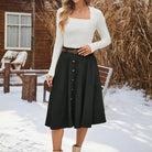 belle poque Corduroy Skirt with Belt Elastic High Waist Mid-Calf Swing Skirt