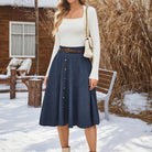 belle poque Corduroy Skirt with Belt Elastic High Waist Mid-Calf Swing Skirt