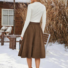 belle poque Corduroy Skirt with Belt Elastic High Waist Mid-Calf Swing Skirt