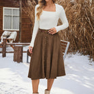 belle poque Corduroy Skirt with Belt Elastic High Waist Mid-Calf Swing Skirt