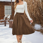 belle poque Corduroy Skirt with Belt Elastic High Waist Mid-Calf Swing Skirt