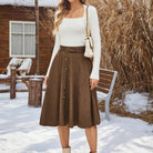 belle poque Corduroy Skirt with Belt Elastic High Waist Mid-Calf Swing Skirt