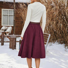 belle poque Corduroy Skirt with Belt Elastic High Waist Mid-Calf Swing Skirt