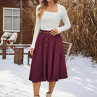belle poque Corduroy Skirt with Belt Elastic High Waist Mid-Calf Swing Skirt