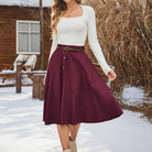 belle poque Corduroy Skirt with Belt Elastic High Waist Mid-Calf Swing Skirt