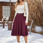 belle poque Corduroy Skirt with Belt Elastic High Waist Mid-Calf Swing Skirt