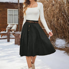 belle poque Corduroy Skirt with Belt Elastic High Waist Mid-Calf Swing Skirt