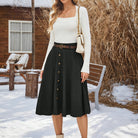 belle poque Corduroy Skirt with Belt Elastic High Waist Mid-Calf Swing Skirt