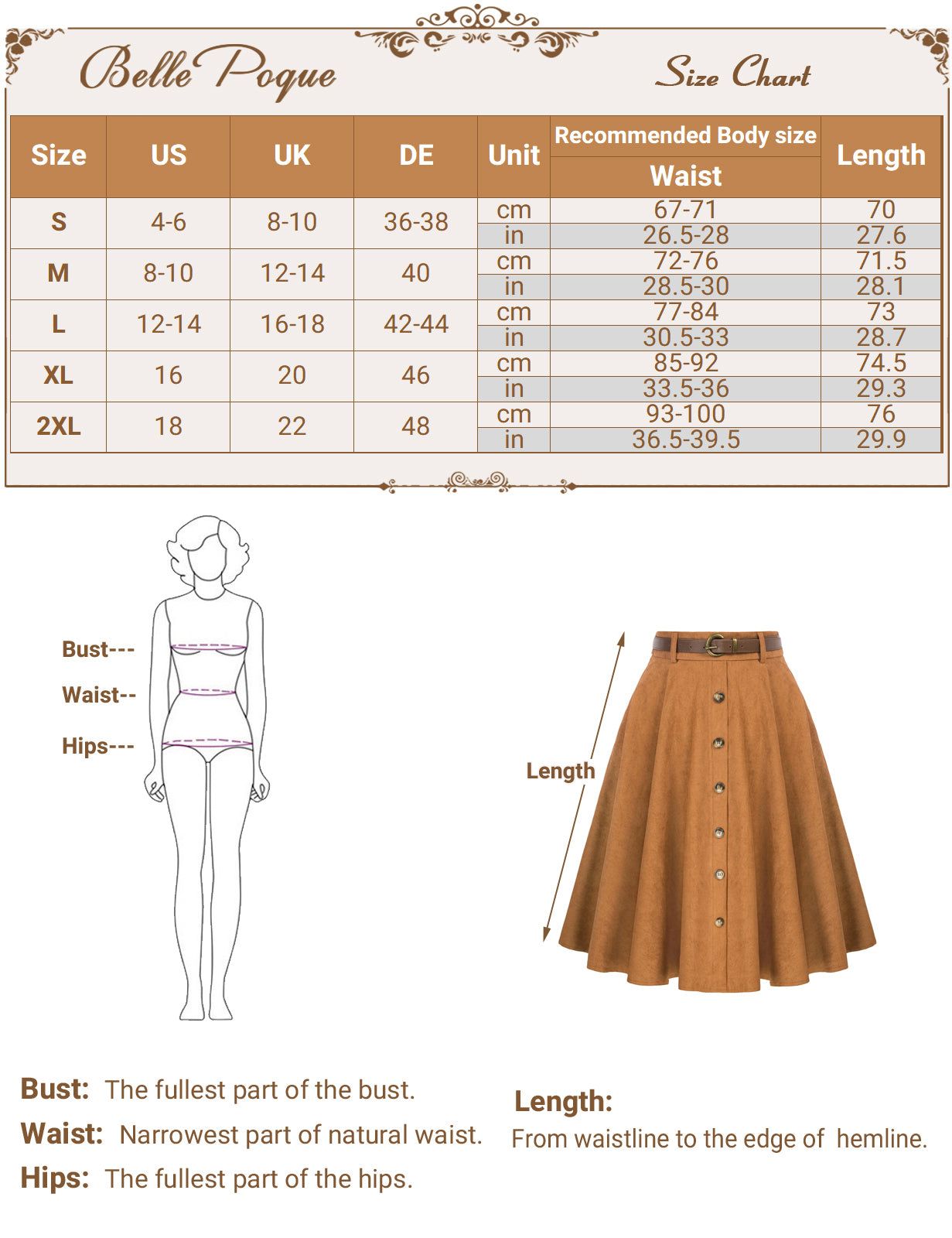 belle poque Corduroy Skirt with Belt Elastic High Waist Mid-Calf Swing Skirt
