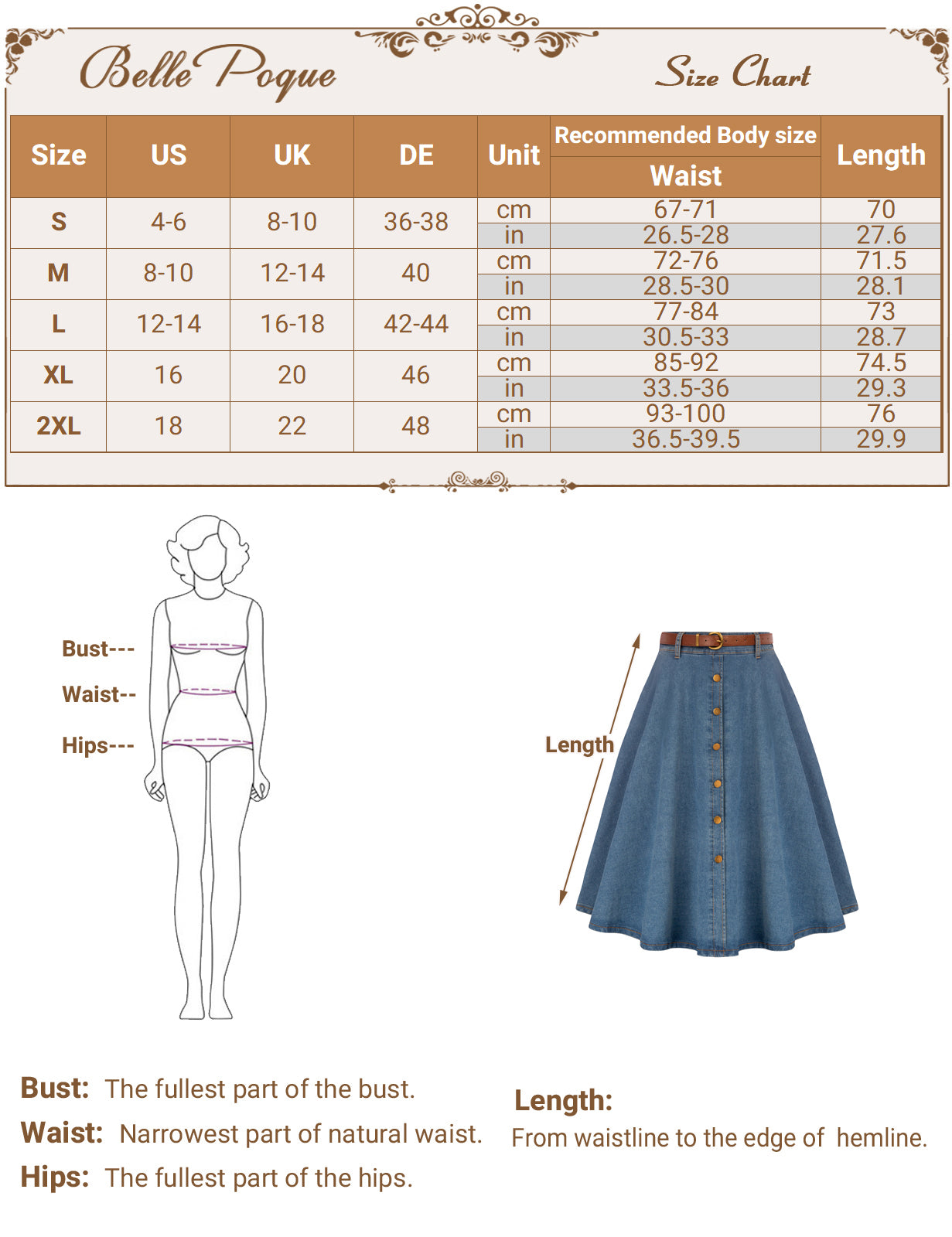 belle poque Jean Skirt with Belt Elastic High Waist A-Line Midi Skirt