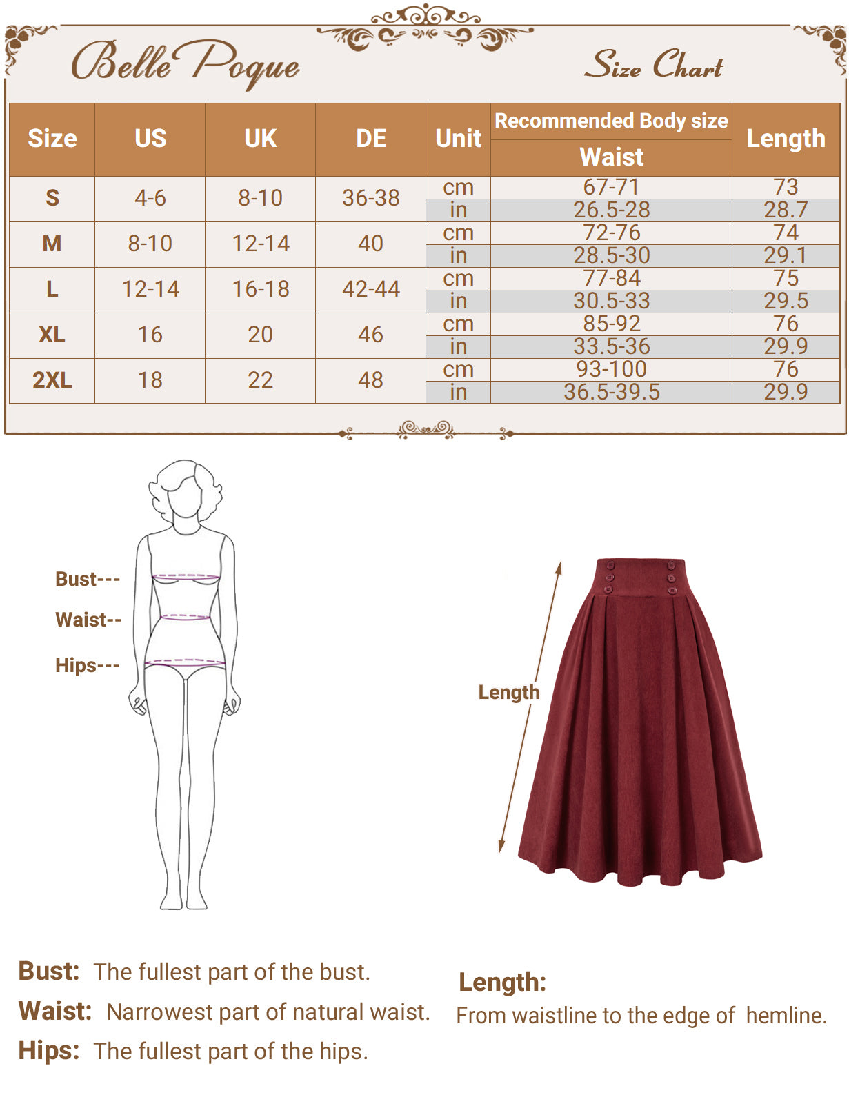 belle poque Vintage Corduroy Skirt Elastic High Waist Buttons Decorated Swing Skirt with Pockets