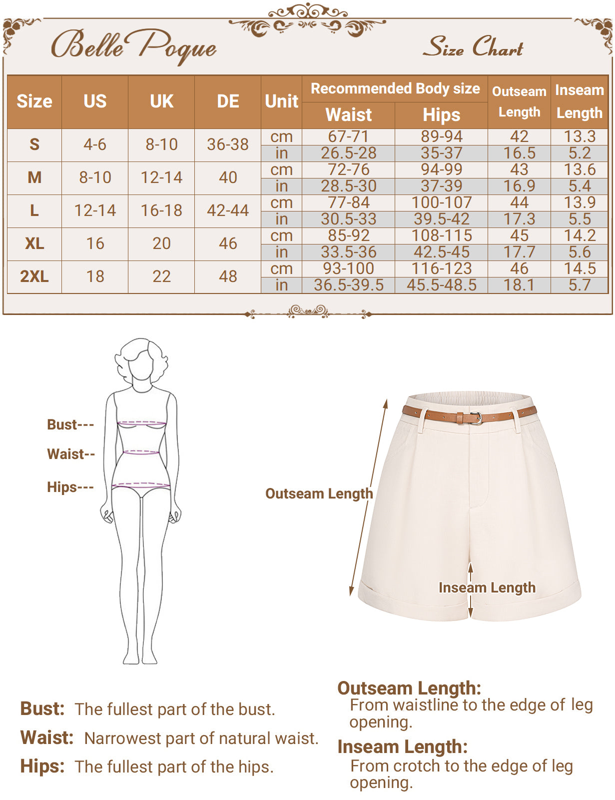belle poque BP Women Vintage Shorts with Belt Elastic Waist Fold-up Leg Opening Short Pants