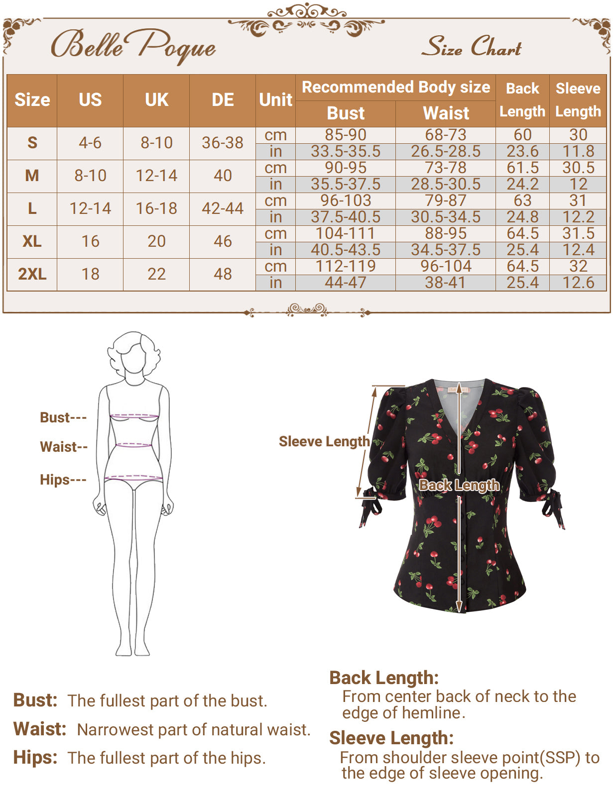 belle poque Cherries Pattern Short Puff Sleeves V-Neck Button Placket Blouse