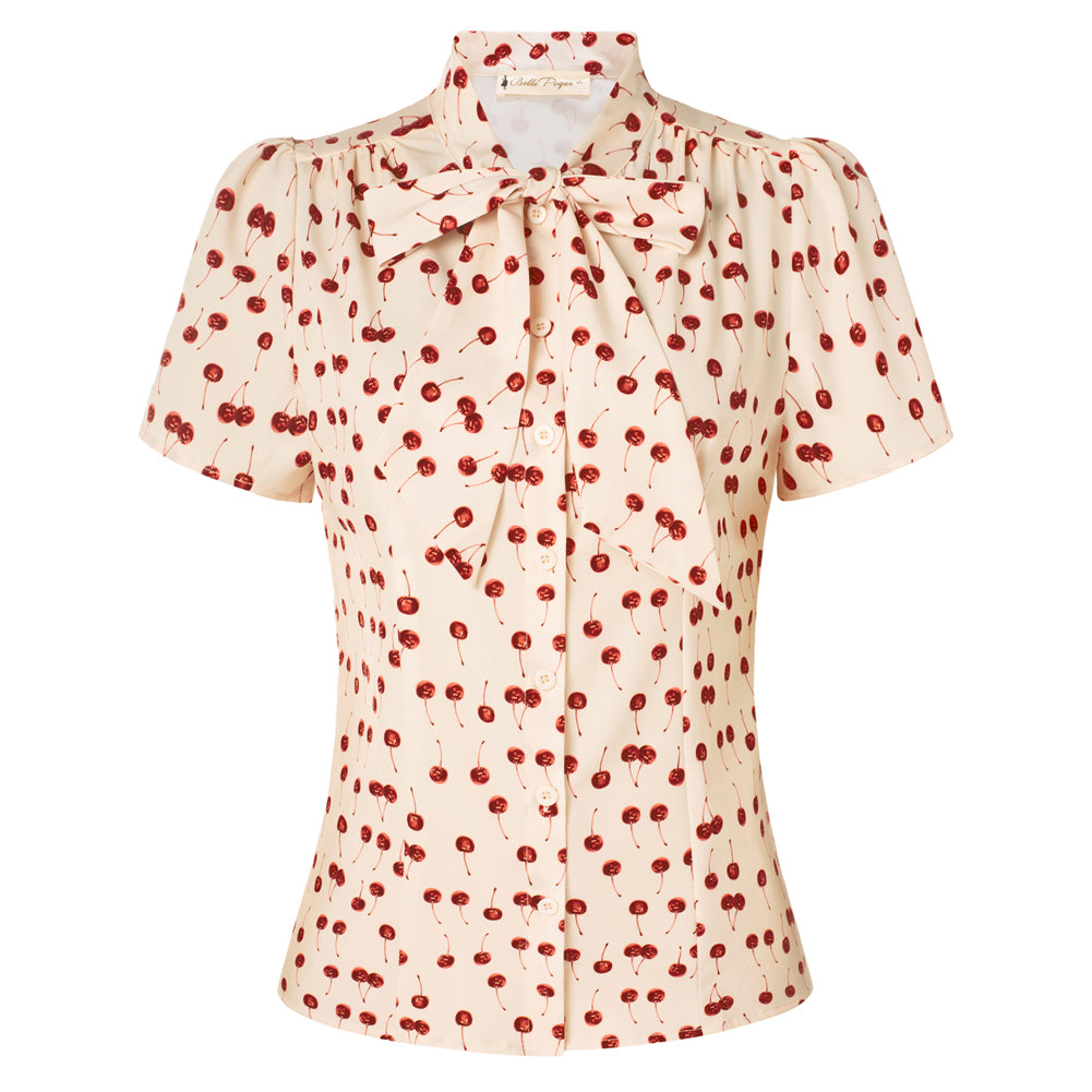 Summer Short Sleeve Office Button Down Blouse Stripe Shirt Tops with Bow Tie