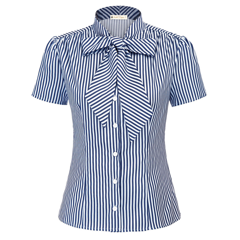 Summer Short Sleeve Office Button Down Blouse Stripe Shirt Tops with Bow Tie