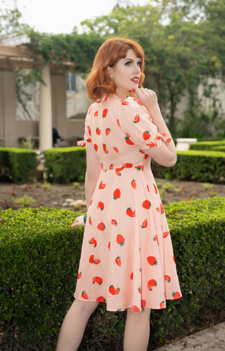 belle poque Strawberry Printed Defined Waist Dress Short Sleeve V-Neck Flared A-Line Dress