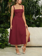 belle poque 2025 Ruched Bust Split Thigh Cami Sundress Red