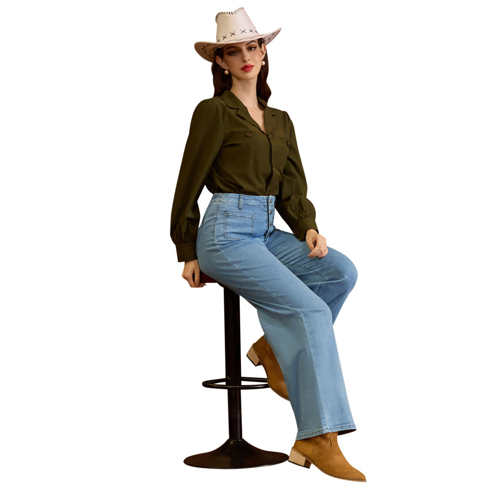 belle poque Vintage Straight Leg High Waisted Elastic Waist Multi-Pocket Flare Denim Pants