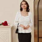 belle poque Women Vintage Ruched Tops Puffed Long Sleeve Peplum Hem Tops