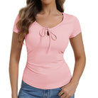 belle poque 2026 Women's Tops Pleated Bow Tie Front Shirts Spring Summer Casual Knit Top Pink