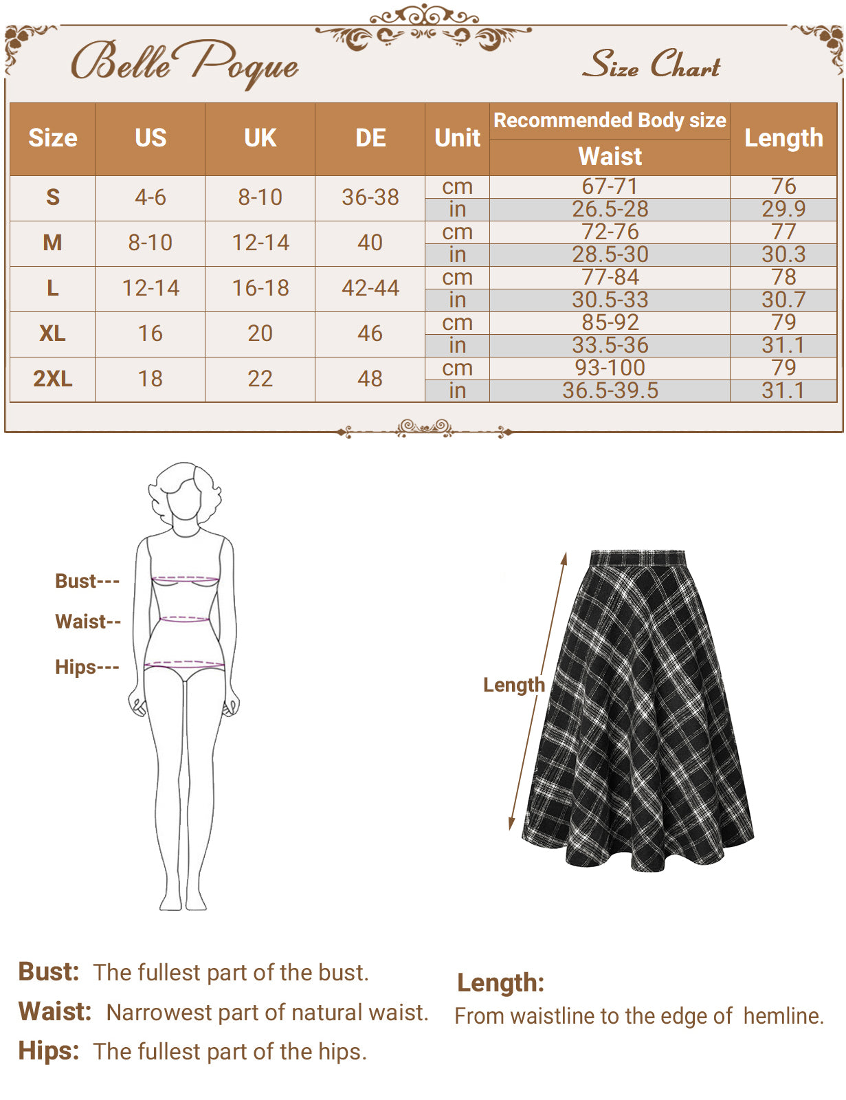 belle poque Women Vintage Plaided Swing Skirt Elastic Waist Mid-Calf Length A-Line Skirt