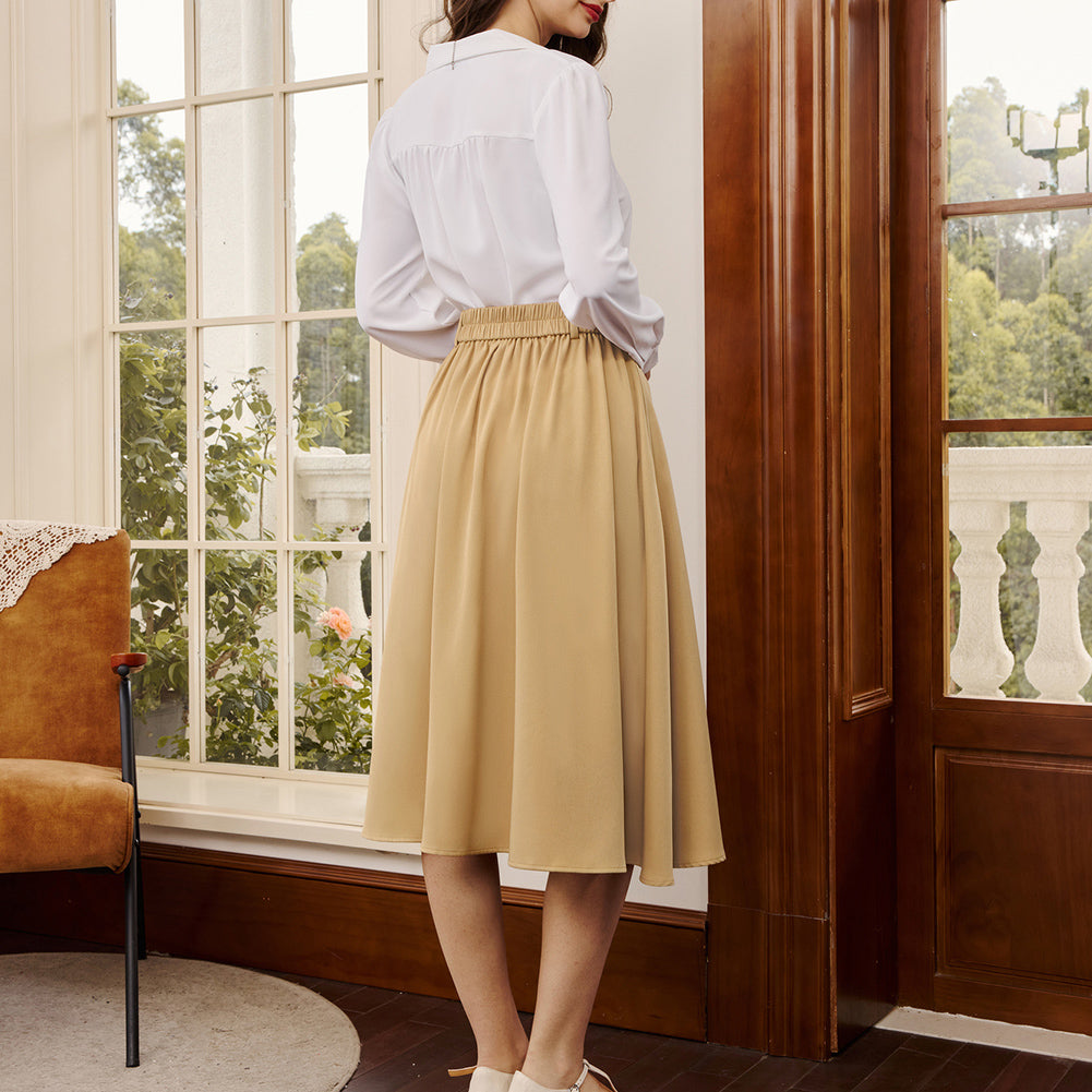 belle poque Women Vintage Swing Skirt Elastic Waist Mid-Calf Length A-Line Skirt