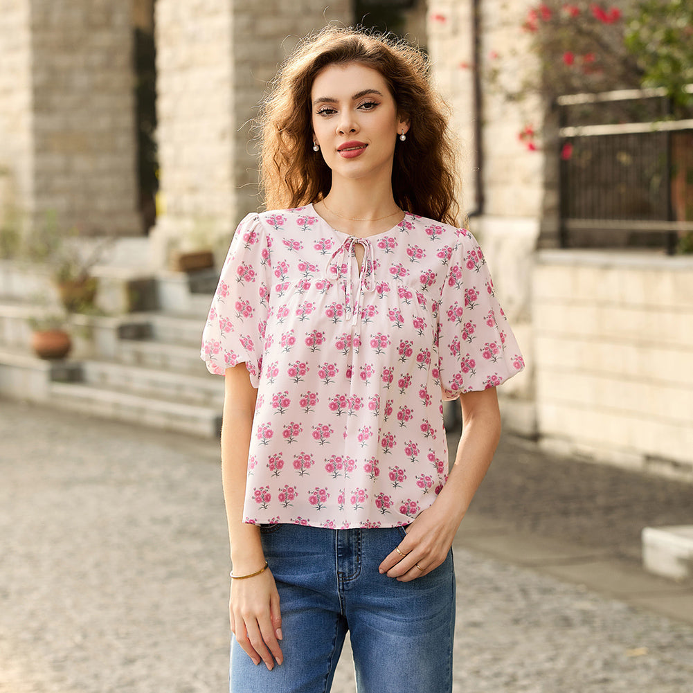 belle poque Floral Babydoll Tops for Women Puff Sleeve Tie Front Blouse Boho Tops Outfits