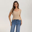 belle poque Women's Lace Trim Tops Slim Fit Ribbed Knit Basic Tee Tops