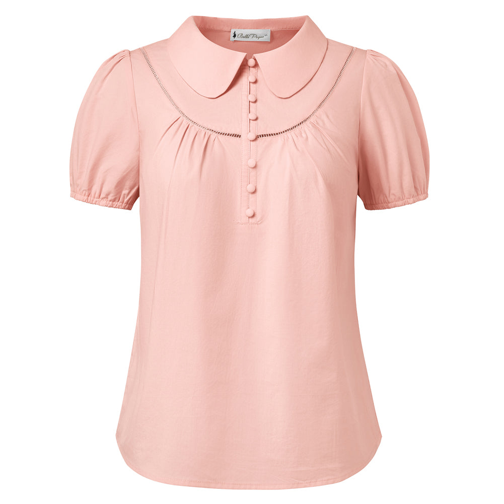 belle poque 2026 Puff Sleeve Cotton Blouses for Women Peter Pan Collar Dressy Work Shirts Pink