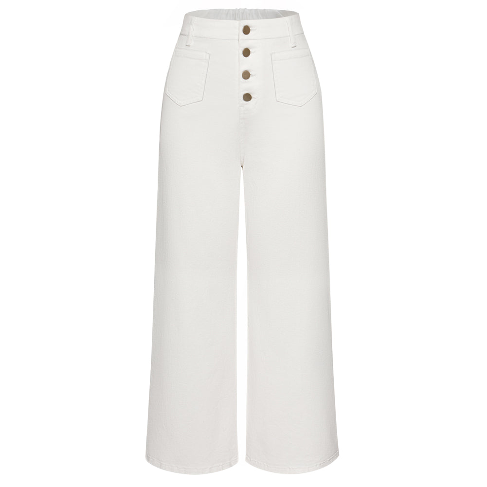 belle poque Vintage Straight Leg High Waisted Elastic Waist Multi-Pocket Flare Denim Pants White