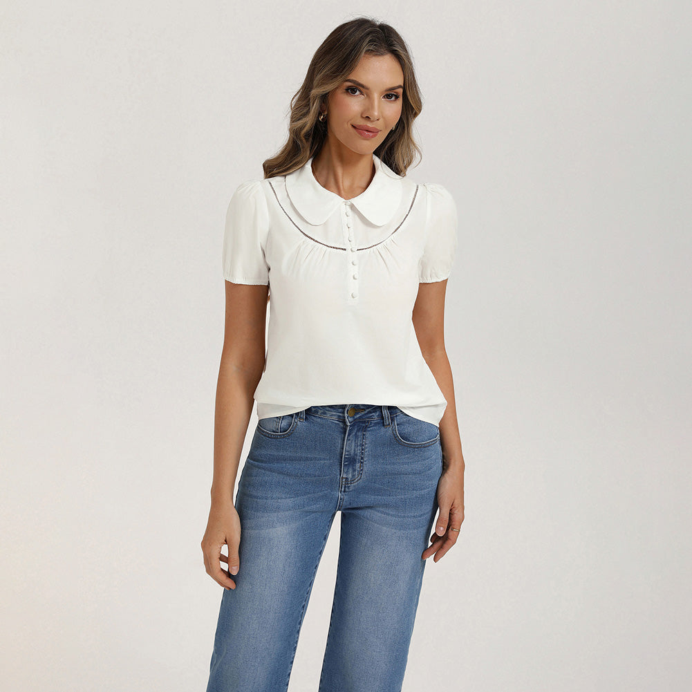 belle poque 2026 Puff Sleeve Cotton Blouses for Women Peter Pan Collar Dressy Work Shirts