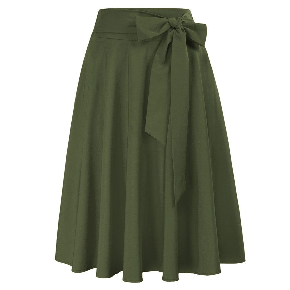 belle poque Floral Patterns Women's High Waist Bow Decorated A-Line Pockets Skirt Dark Olive Green