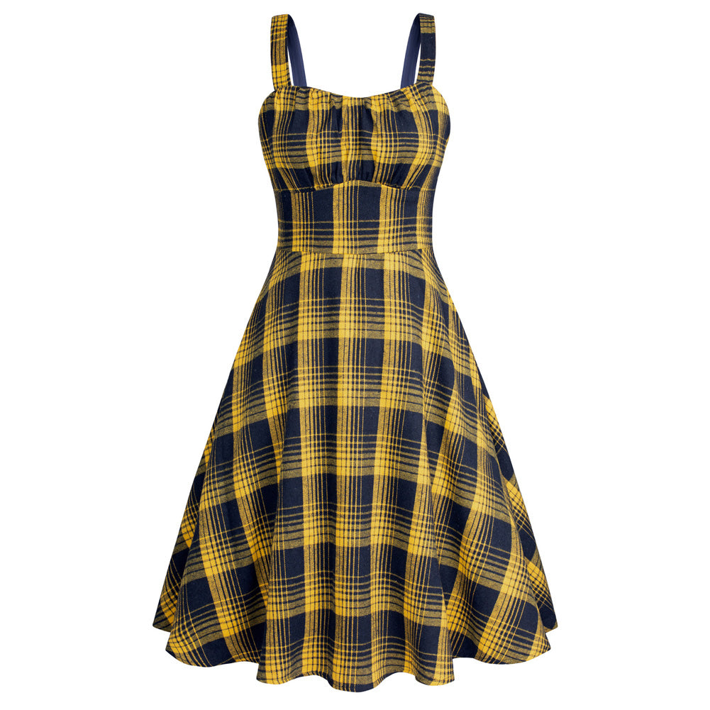 belle poque Vintage Two-Way Defined Waist Dress Ruched Bodice Flared Plaid A-Line Dress Yellow