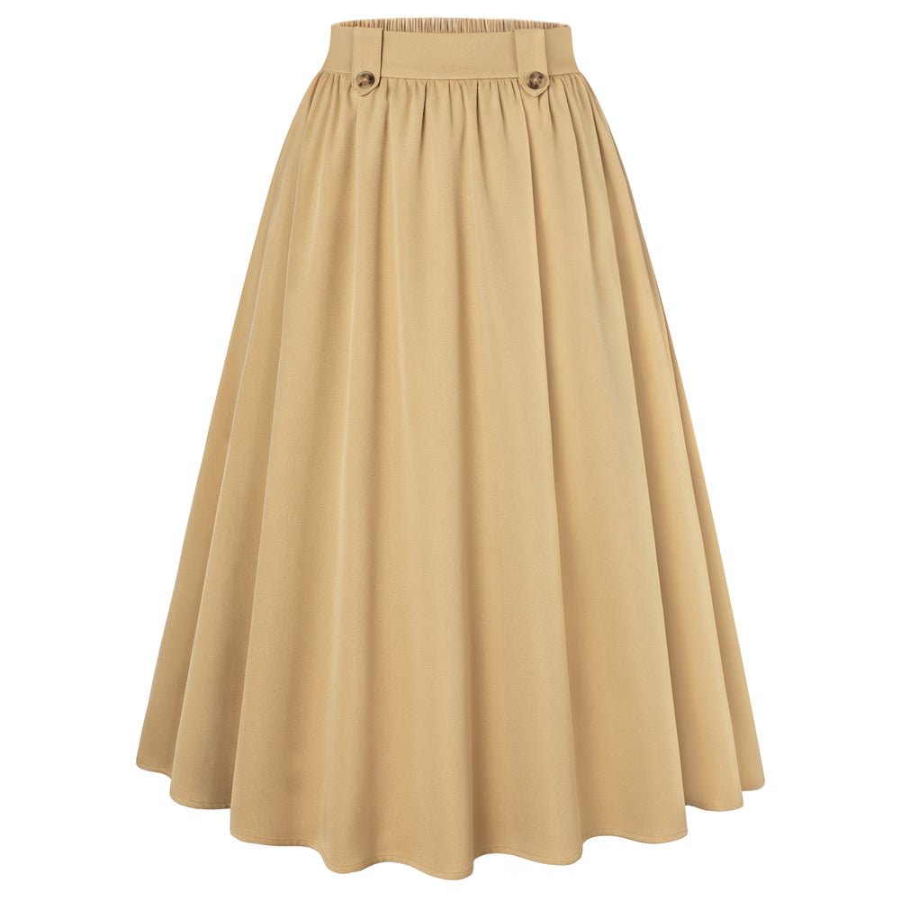 belle poque Women Vintage Swing Skirt Elastic Waist Mid-Calf Length A-Line Skirt Khaki