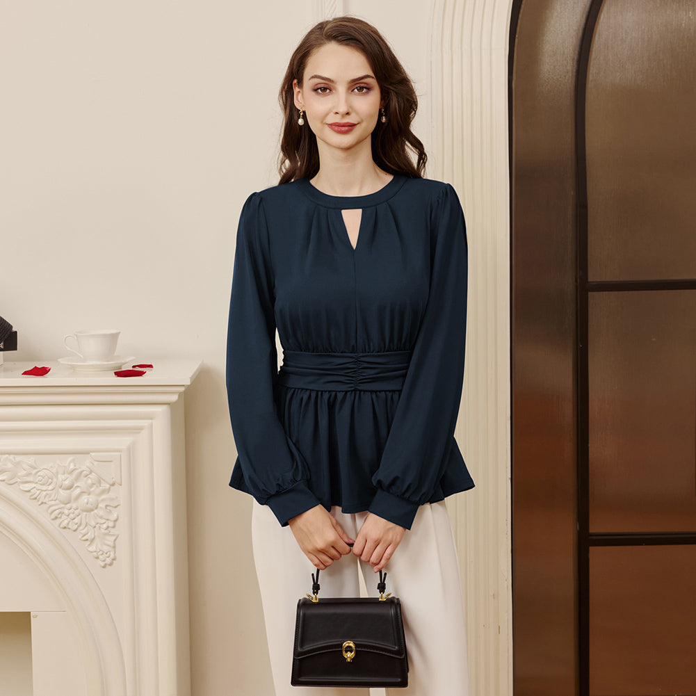 belle poque Women Retro Defined Waist Tops Long Lantern Sleeve Crew Neck Pullover Tops