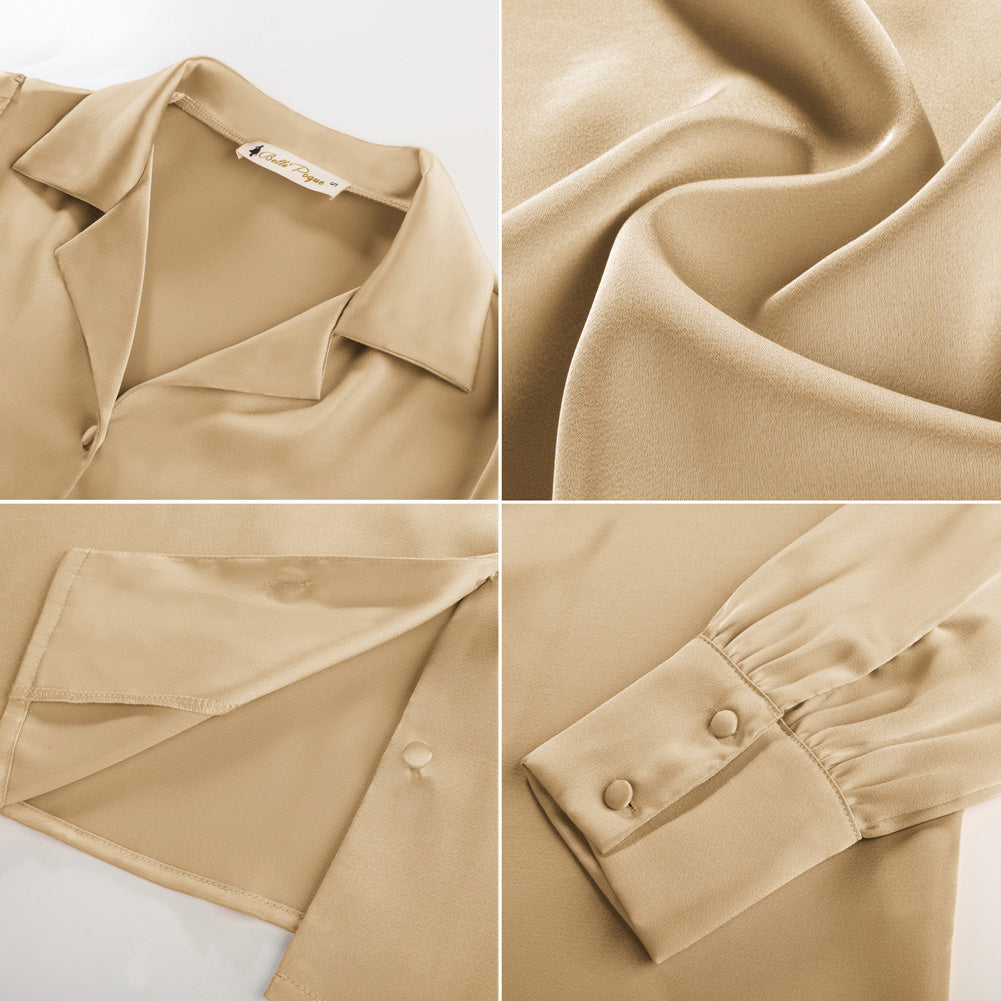 belle poque Women Vintage Shirt OL Long Sleeve Lapel Collar V-Neck Button-up Tops