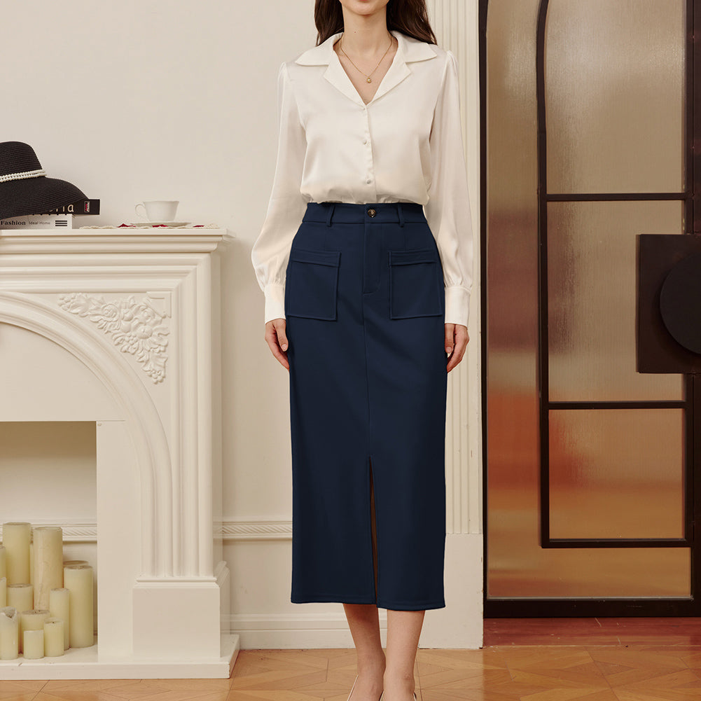 belle poque Women Cargo Skirt Long Pencil Skirt High Wiasted Skirts with Pockets & Slit