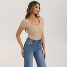 belle poque Women's Lace Trim Tops Slim Fit Ribbed Knit Basic Tee Tops