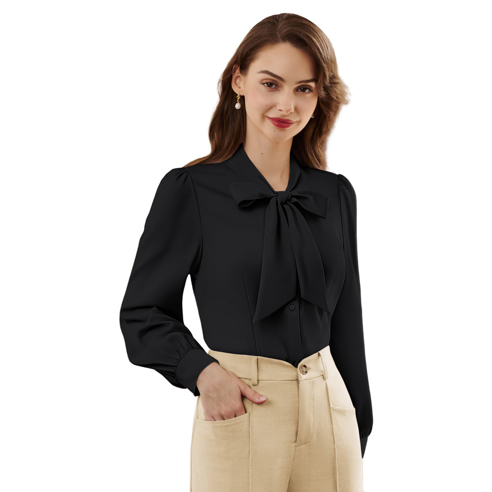 belle poque Women's Bow Tie Neck Blouse Button Down Shirt for Work Office Casual